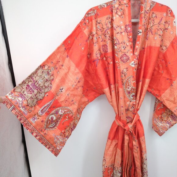 Bassetti Italian Cotton Kimono Robe L/XL Orange Paisley Boho Lounge Rare Print - Picture 2 of 8
